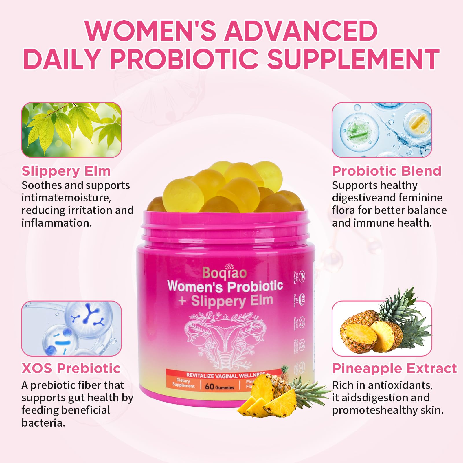 Feminine Probiotics Gummies with Slippery Elm - 60 Pineapple Gummies for Women ph Balance, Vaginal Probiotics Supports Flora, Gut Health & Immune System, Prebiotics & Lactobacillus Blend (Pineapple) - dailyvitalstore
