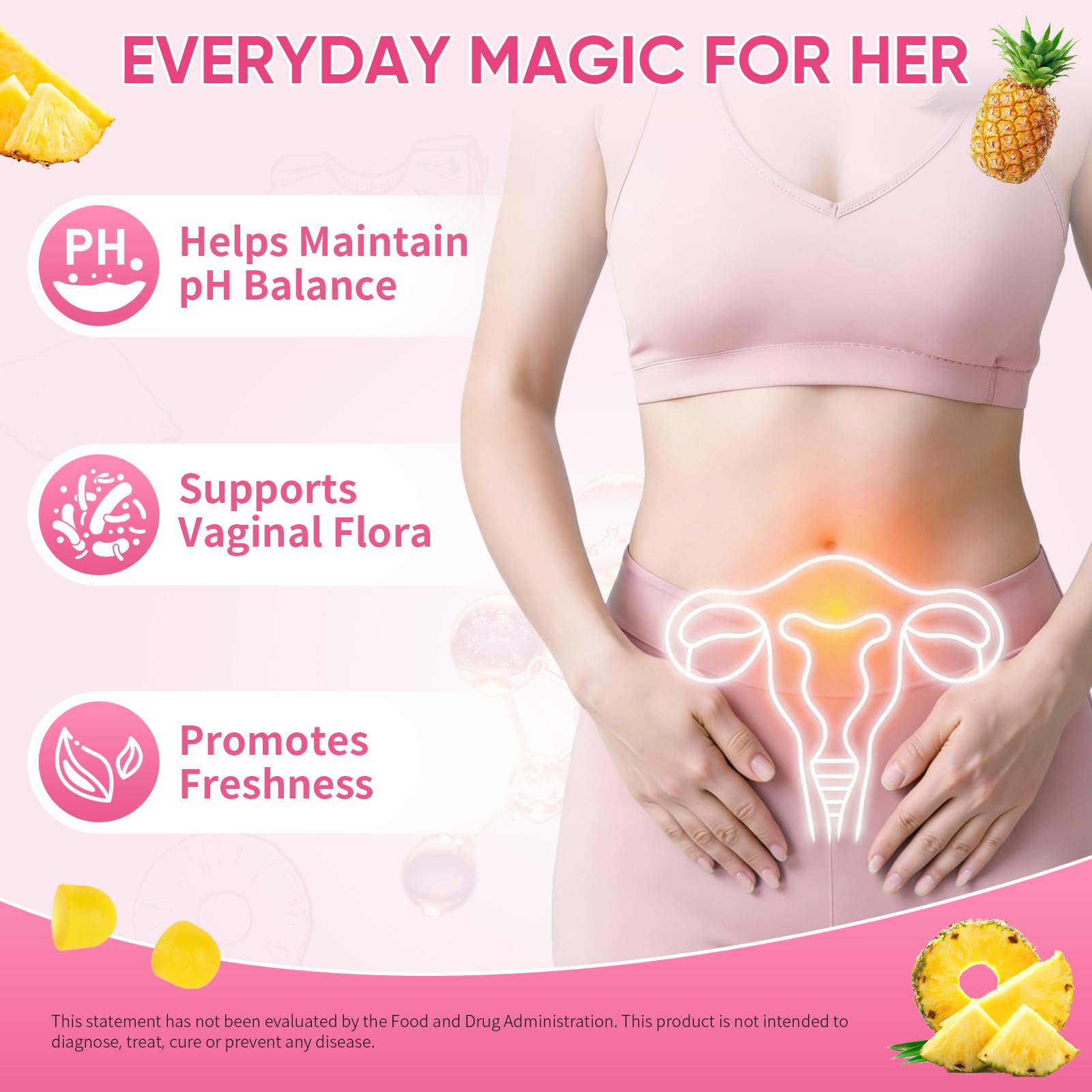 Feminine Probiotics Gummies with Slippery Elm - 60 Pineapple Gummies for Women ph Balance, Vaginal Probiotics Supports Flora, Gut Health & Immune System, Prebiotics & Lactobacillus Blend (Pineapple) - dailyvitalstore