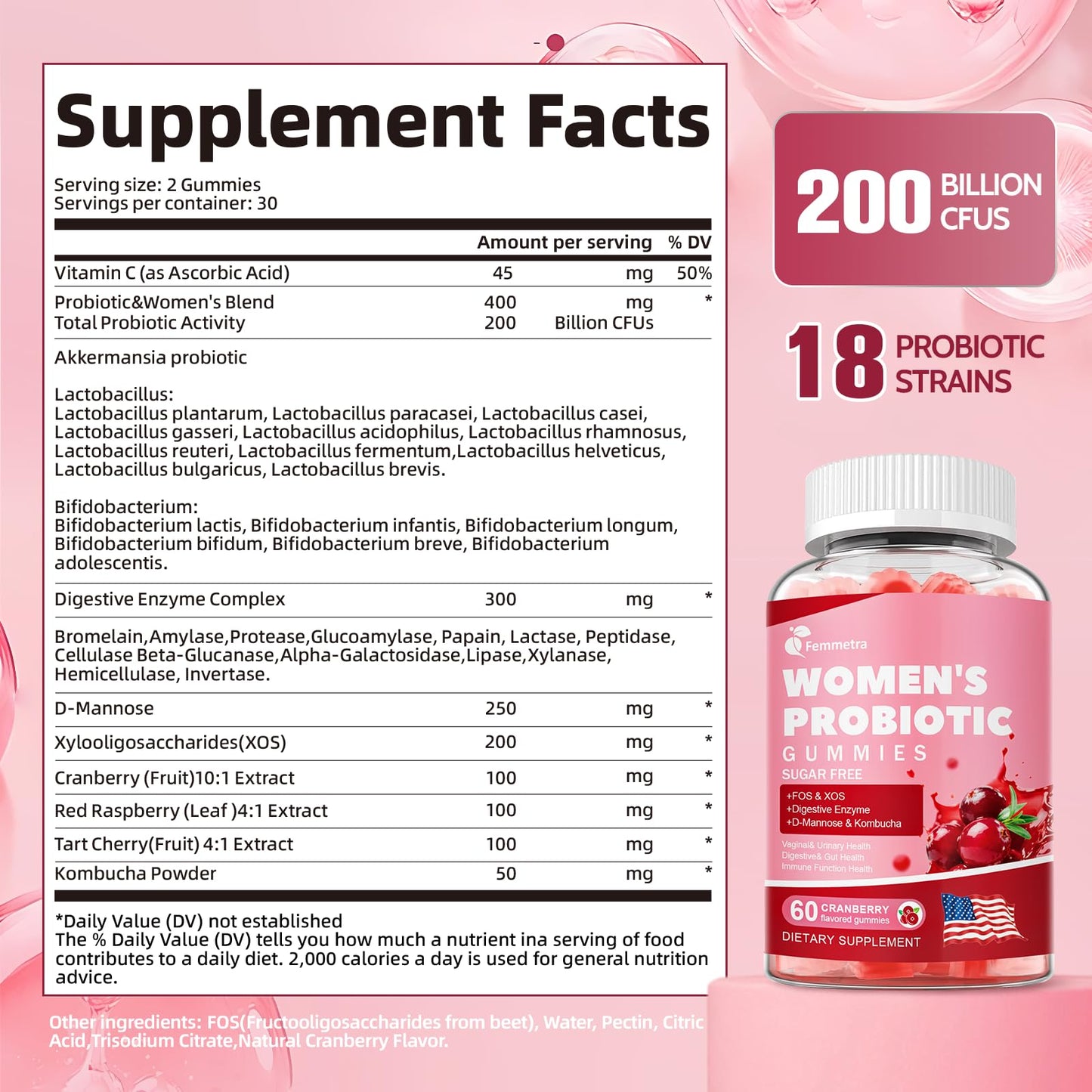 Femmetra 18-in-1 Probiotics for Women with Prebiotics - 200 Billion CFU with Digestive Enzyme, Cranberry, Kombucha - Sugar-Free Vaginal Gummies, - dailyvitalstore