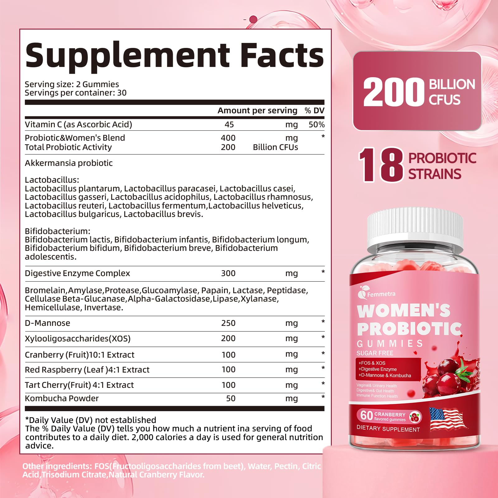 Femmetra 18-in-1 Probiotics for Women with Prebiotics - 200 Billion CFU with Digestive Enzyme, Cranberry, Kombucha - Sugar-Free Vaginal Gummies, - dailyvitalstore