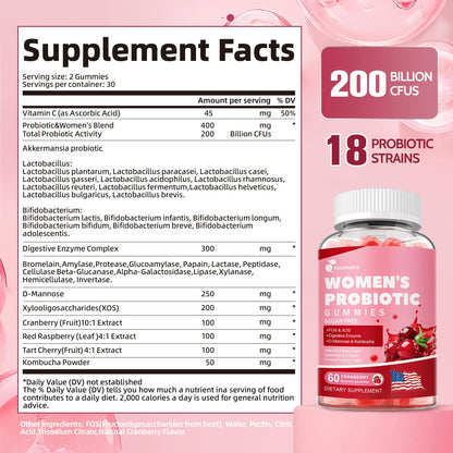 Femmetra 18-in-1 Probiotics for Women with Prebiotics - 200 Billion CFU with Digestive Enzyme, Cranberry, Kombucha - Sugar-Free Vaginal Gummies, - dailyvitalstore