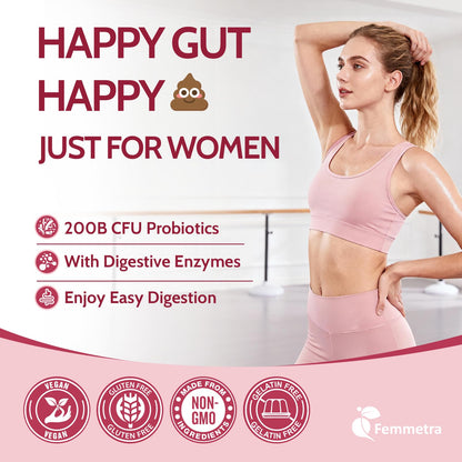 Femmetra 18-in-1 Probiotics for Women with Prebiotics - 200 Billion CFU with Digestive Enzyme, Cranberry, Kombucha - Sugar-Free Vaginal Gummies, - dailyvitalstore