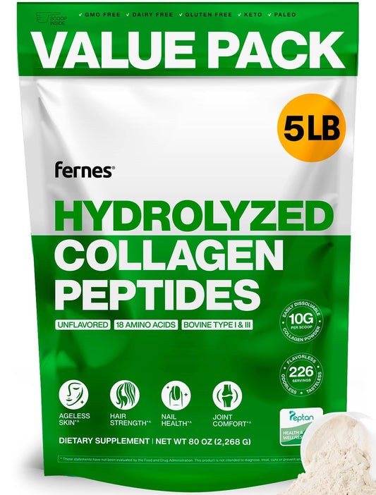 Fernes Collagen Powder for Women Men (5LB) Type I & III Flavorless & Odorless Easy-Mix Hydrolyzed Peptan Protein Peptides Joint Hair Skin & Nail Support Gluten-Free - dailyvitalstore