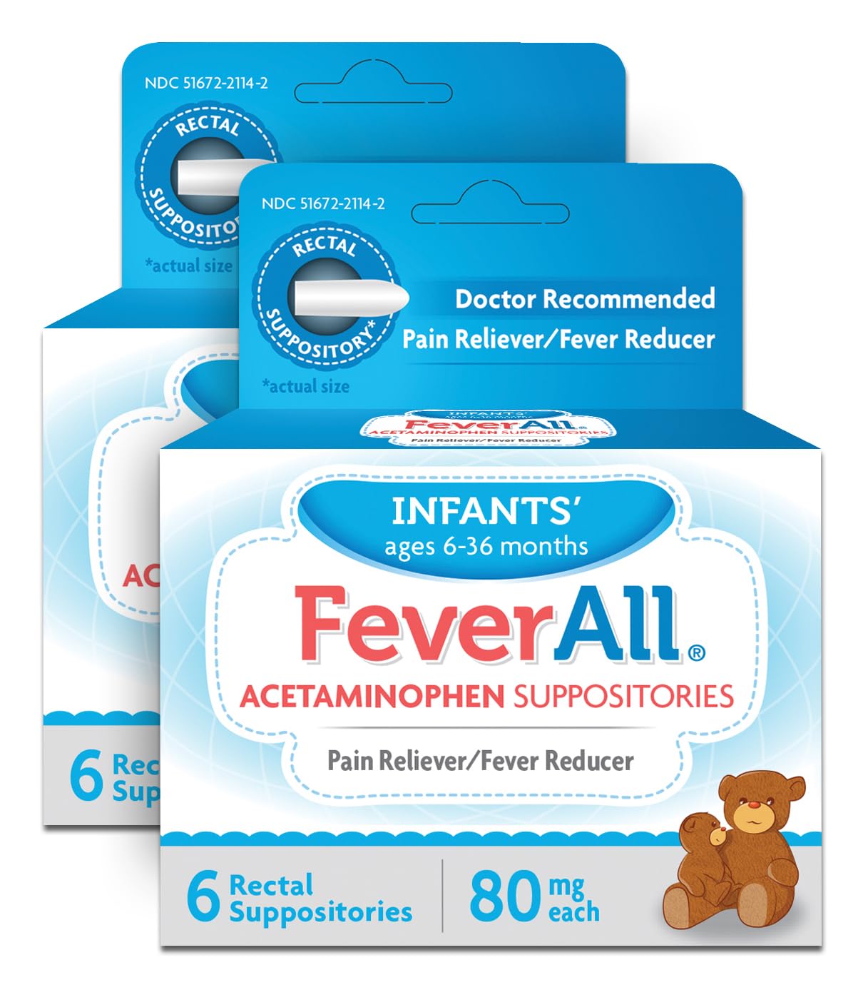 Feverall Infant Acetaminophen Suppositories 6 Rectal Suppositories 80mg Each Pain Reliever/Fever Reducer. Paraben Free, No Artificial Colors or Other preservatives. Ages 6-36 Months (Pack of 2) - dailyvitalstore