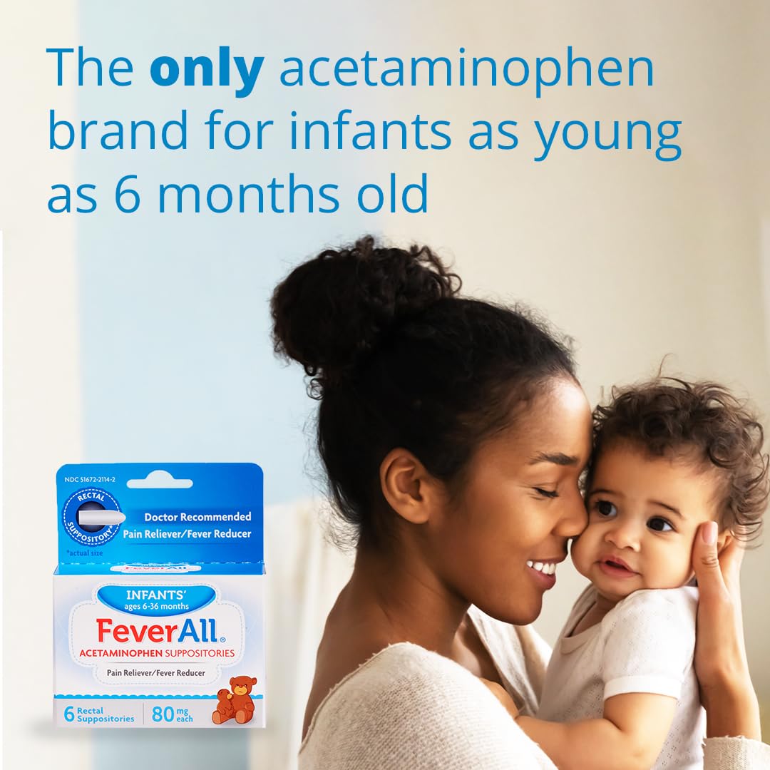 Feverall Infant Acetaminophen Suppositories 6 Rectal Suppositories 80mg Each Pain Reliever/Fever Reducer. Paraben Free, No Artificial Colors or Other preservatives. Ages 6-36 Months (Pack of 2) - dailyvitalstore