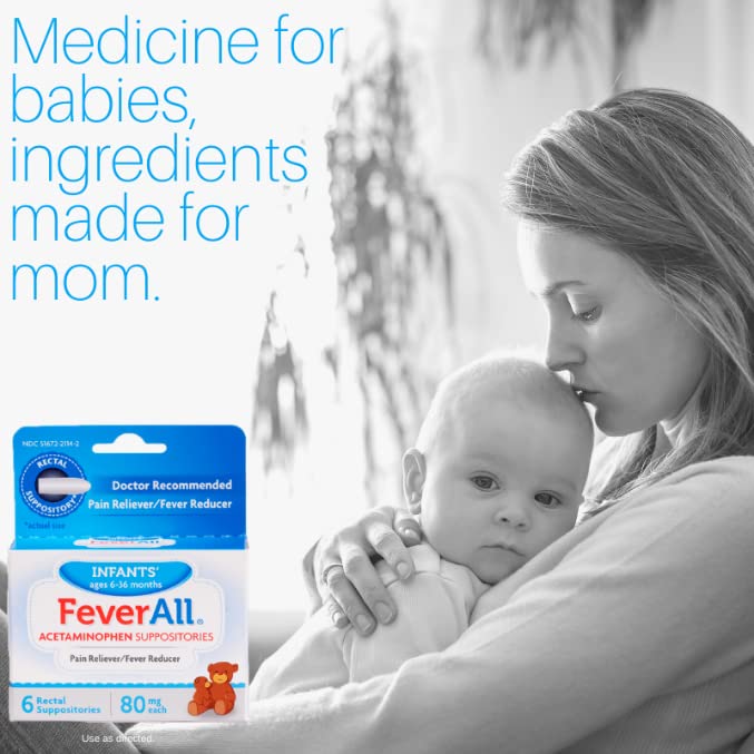Feverall Infant Acetaminophen Suppositories 6 Rectal Suppositories 80mg Each Pain Reliever/Fever Reducer. Paraben Free, No Artificial Colors or Other preservatives. Ages 6-36 Months (Pack of 2) - dailyvitalstore