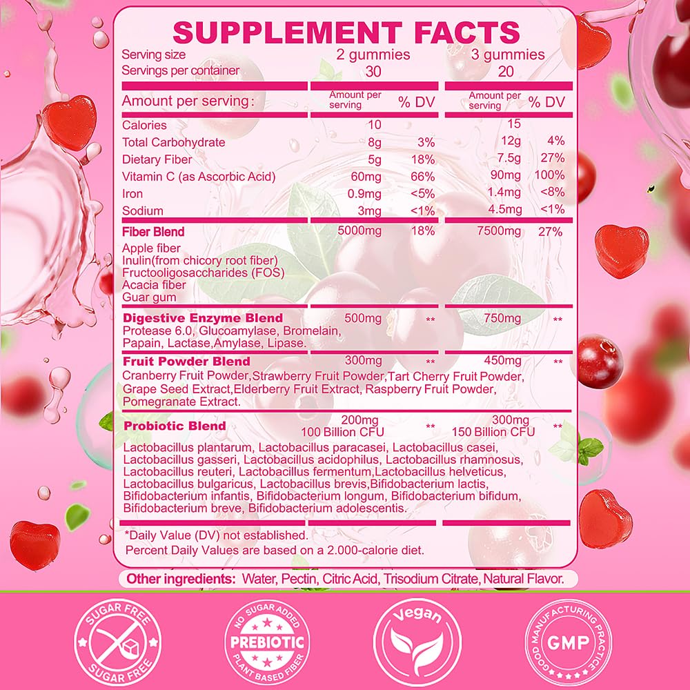Fiber Gummies 7500mg, Probiotics & Digestive Enzymes, Sugar-Free, Vegan & Gluten-Free Supplement for Gut Health, Bloating Support & Regularity) - dailyvitalstore