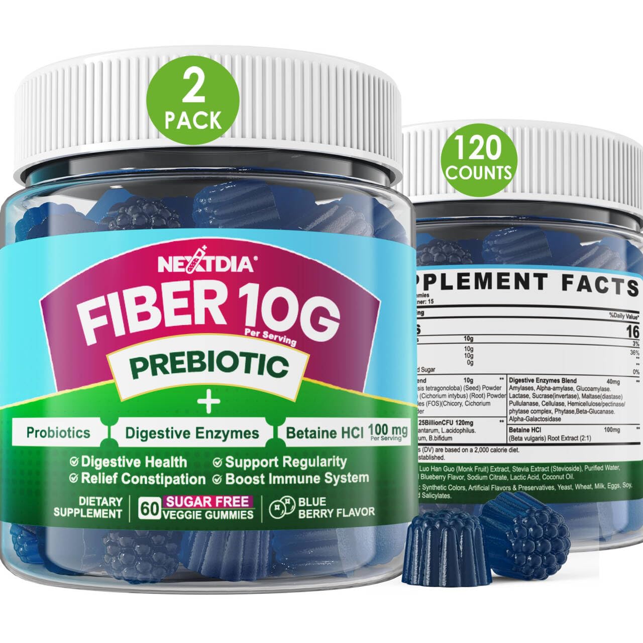 Fiber Gummies for Adults, Sugar Free 10g Prebiotic Fiber Supplement with Digestive Enzymes, Probiotics & 100mg Betaine for Digestive & Gut Health - dailyvitalstore