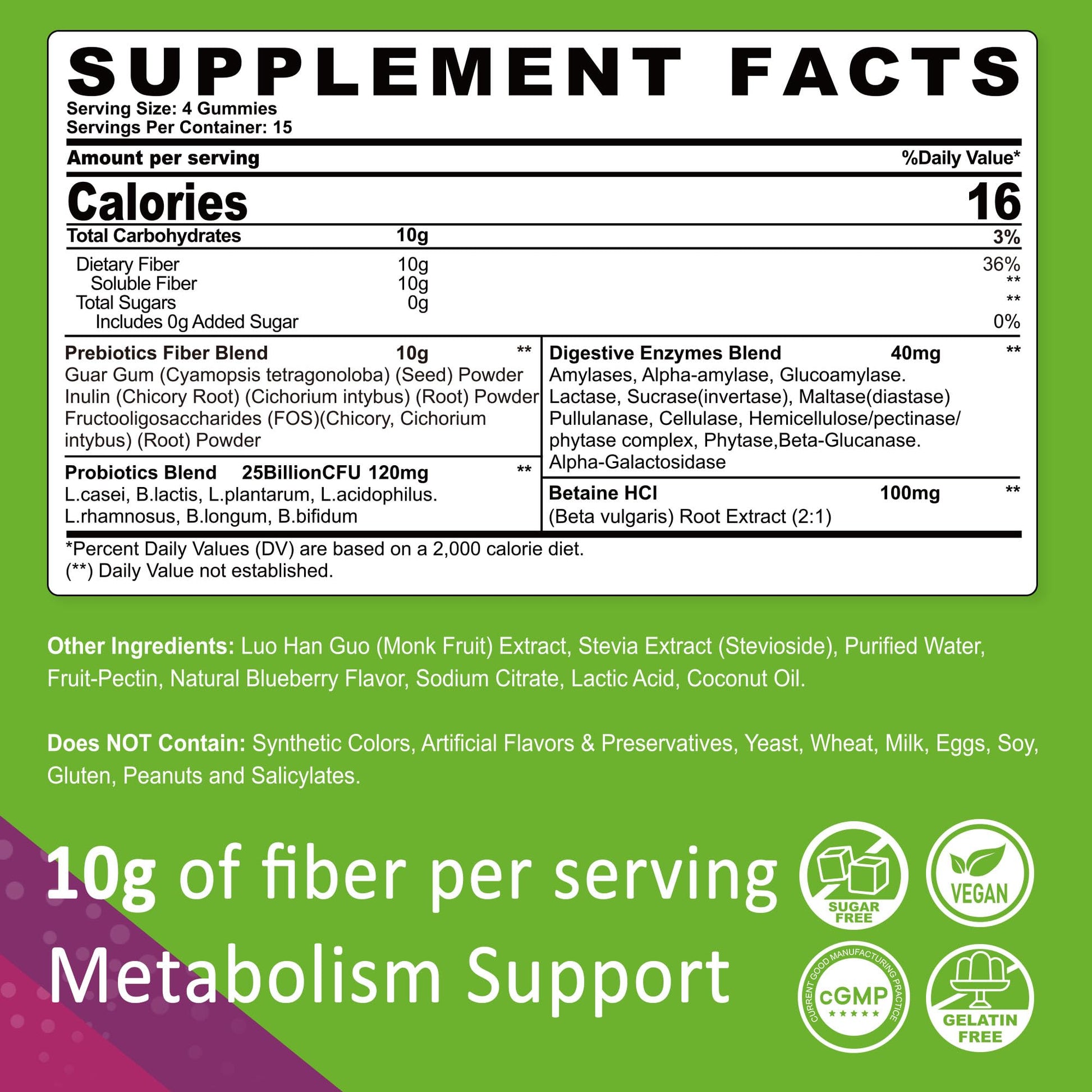 Fiber Gummies for Adults, Sugar Free 10g Prebiotic Fiber Supplement with Digestive Enzymes, Probiotics & 100mg Betaine for Digestive & Gut Health - dailyvitalstore