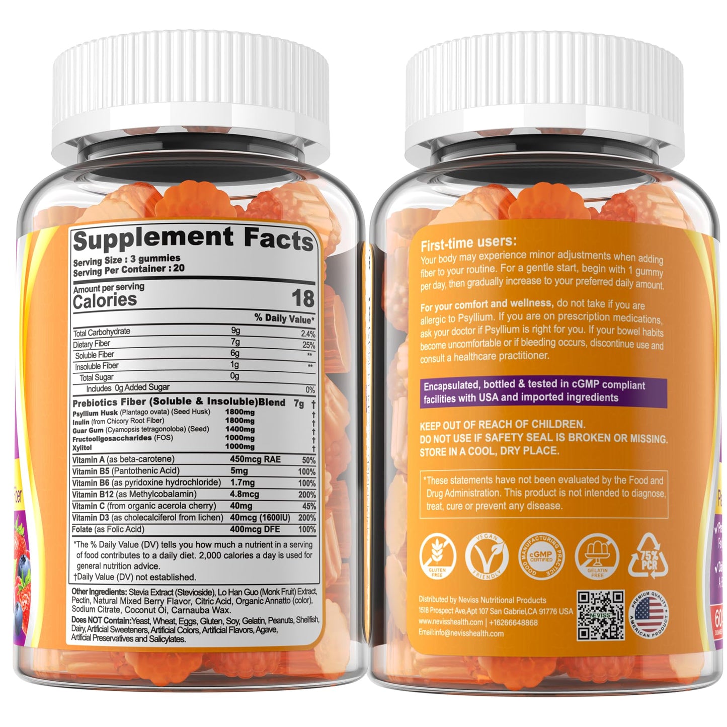 Fiber Gummies for Adults with Psyllium Husk, 7G(Soluble + Insoluble) Daily Prebiotic Fiber with Inulin, FOS, Guar Gum, Multivitamins for Daily Digestive Health, - dailyvitalstore
