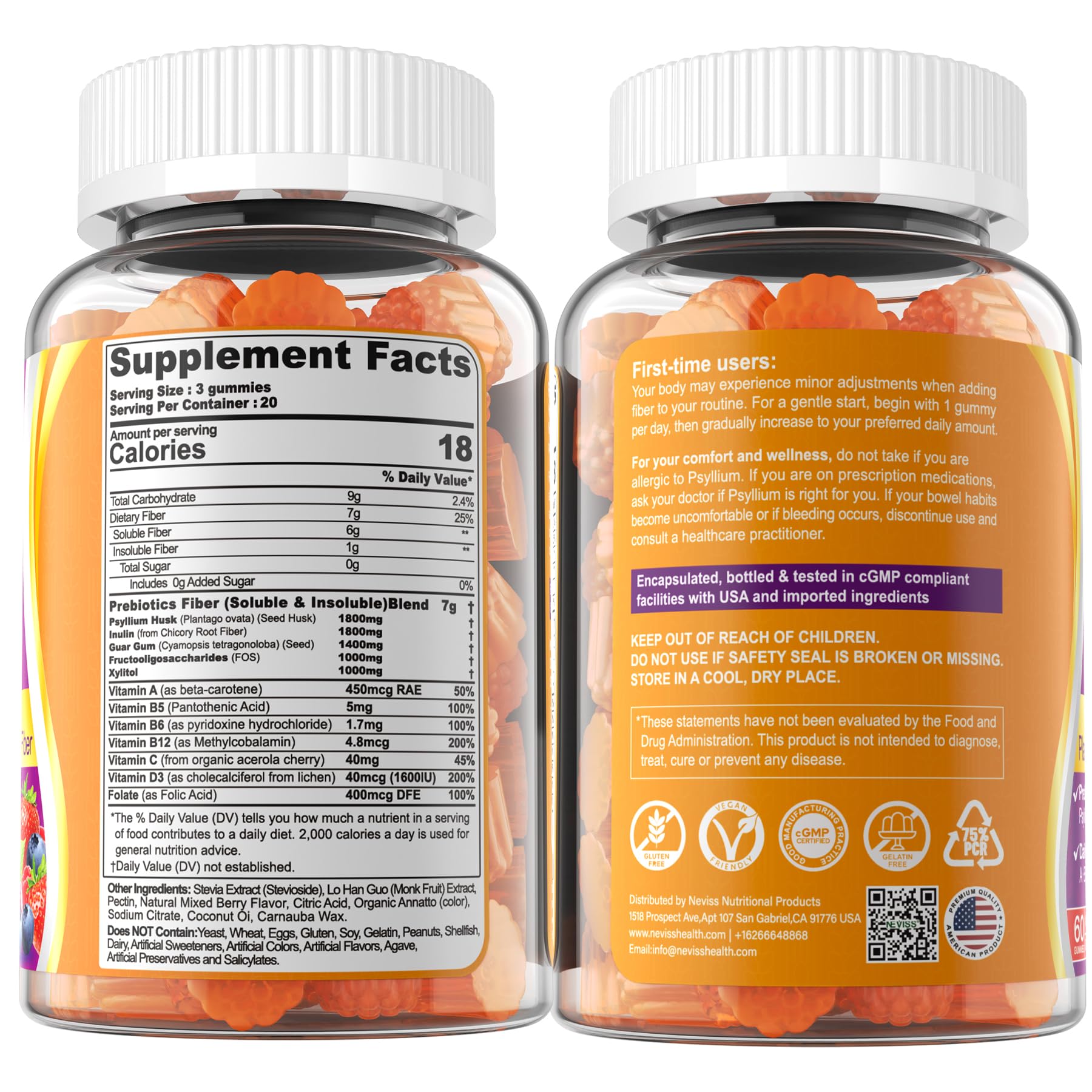 Fiber Gummies for Adults with Psyllium Husk, 7G(Soluble + Insoluble) Daily Prebiotic Fiber with Inulin, FOS, Guar Gum, Multivitamins for Daily Digestive Health, - dailyvitalstore