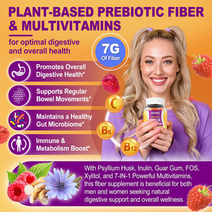 Fiber Gummies for Adults with Psyllium Husk, 7G(Soluble + Insoluble) Daily Prebiotic Fiber with Inulin, FOS, Guar Gum, Multivitamins for Daily Digestive Health, - dailyvitalstore