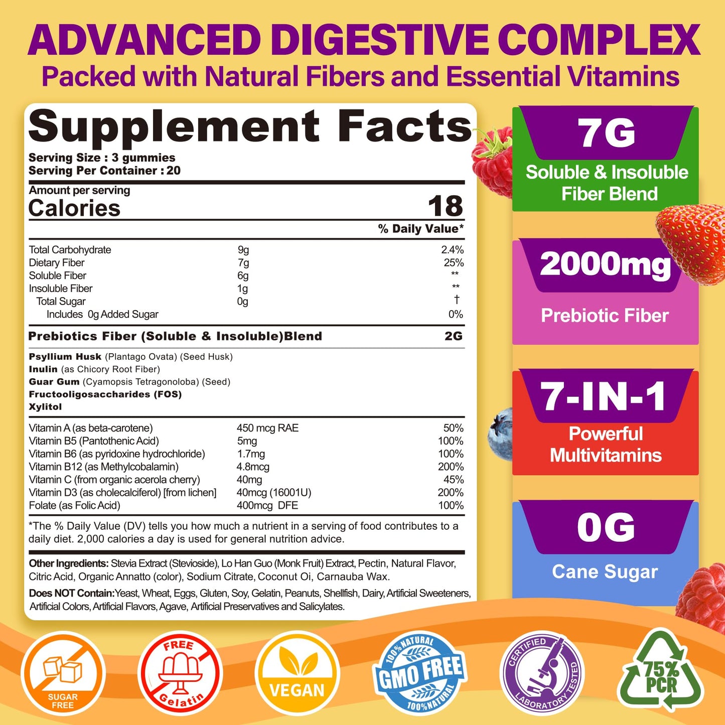 Fiber Gummies for Adults with Psyllium Husk, 7G(Soluble + Insoluble) Daily Prebiotic Fiber with Inulin, FOS, Guar Gum, Multivitamins for Daily Digestive Health, - dailyvitalstore