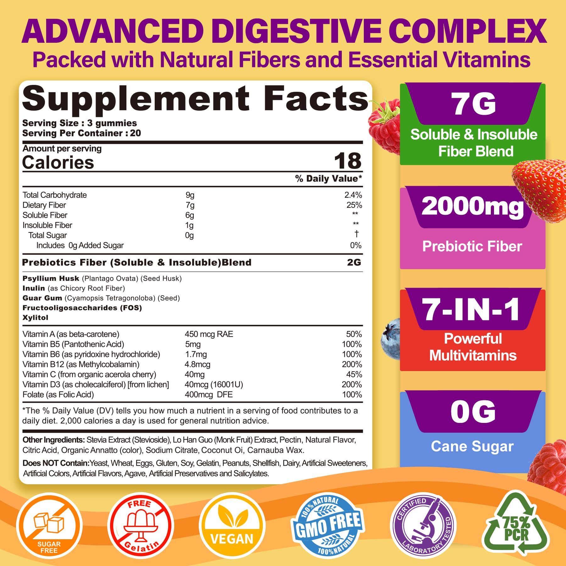 Fiber Gummies for Adults with Psyllium Husk, 7G(Soluble + Insoluble) Daily Prebiotic Fiber with Inulin, FOS, Guar Gum, Multivitamins for Daily Digestive Health, - dailyvitalstore