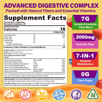 Fiber Gummies for Adults with Psyllium Husk, 7G(Soluble + Insoluble) Daily Prebiotic Fiber with Inulin, FOS, Guar Gum, Multivitamins for Daily Digestive Health, - dailyvitalstore