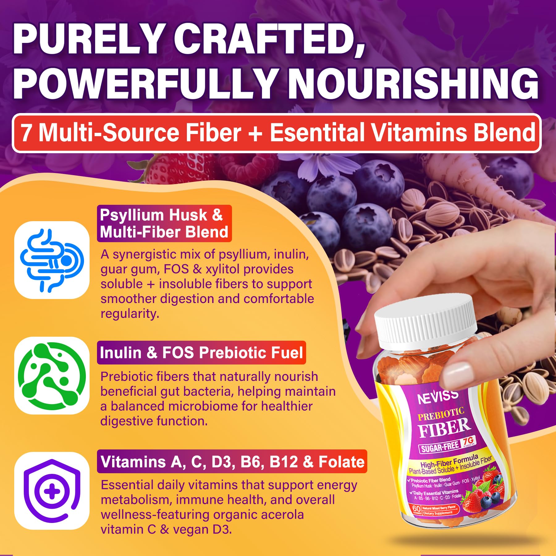 Fiber Gummies for Adults with Psyllium Husk, 7G(Soluble + Insoluble) Daily Prebiotic Fiber with Inulin, FOS, Guar Gum, Multivitamins for Daily Digestive Health, - dailyvitalstore