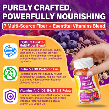 Fiber Gummies for Adults with Psyllium Husk, 7G(Soluble + Insoluble) Daily Prebiotic Fiber with Inulin, FOS, Guar Gum, Multivitamins for Daily Digestive Health, - dailyvitalstore