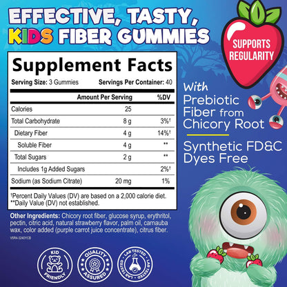 Fiber Gummies for Kids 4g Per Serving - Daily Fiber Gummy Supplement for Kids - Soluble Inulin Prebiotic Gummy for Digestive Health Support - Plant-Based Regularity - dailyvitalstore