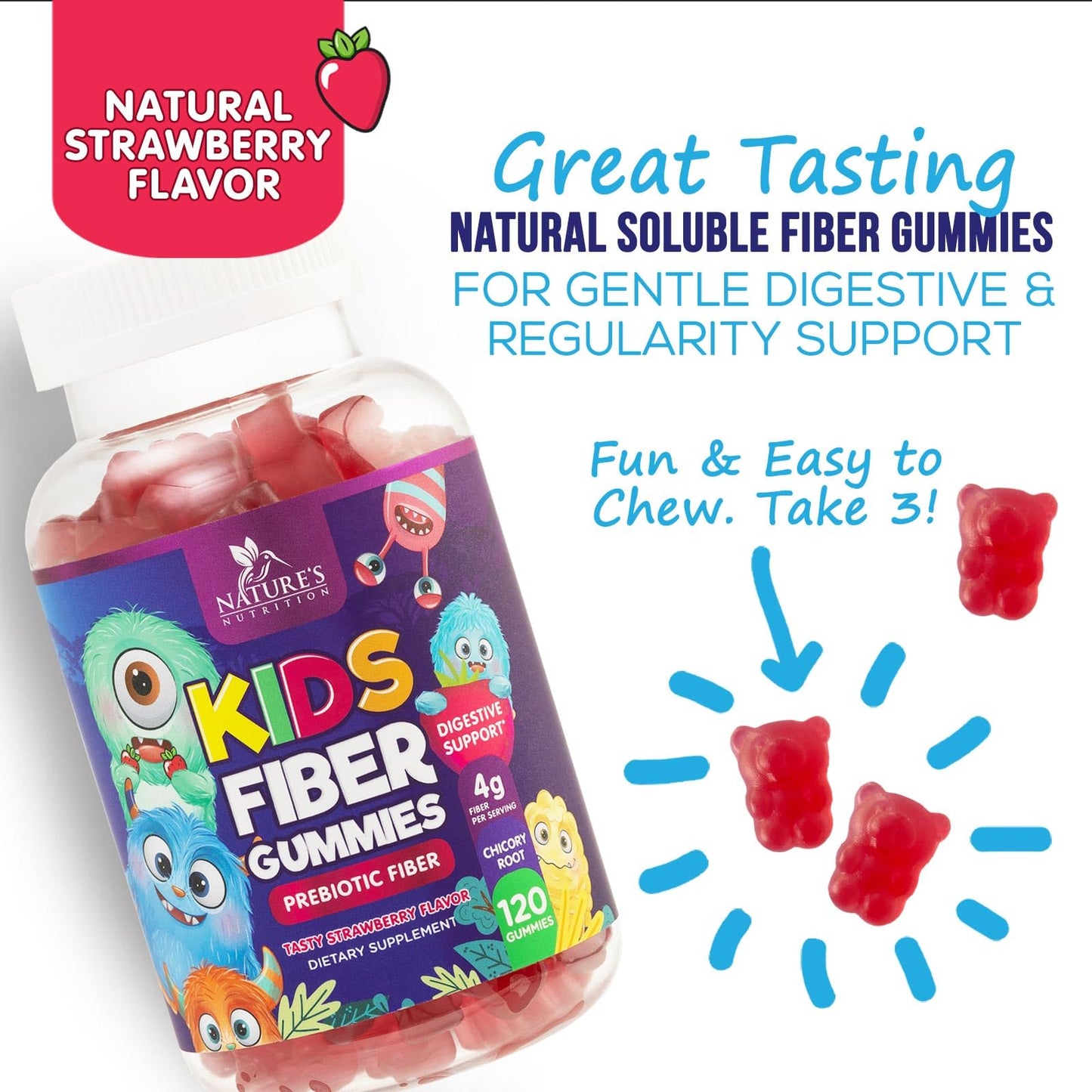 Fiber Gummies for Kids 4g Per Serving - Daily Fiber Gummy Supplement for Kids - Soluble Inulin Prebiotic Gummy for Digestive Health Support - Plant-Based Regularity - dailyvitalstore