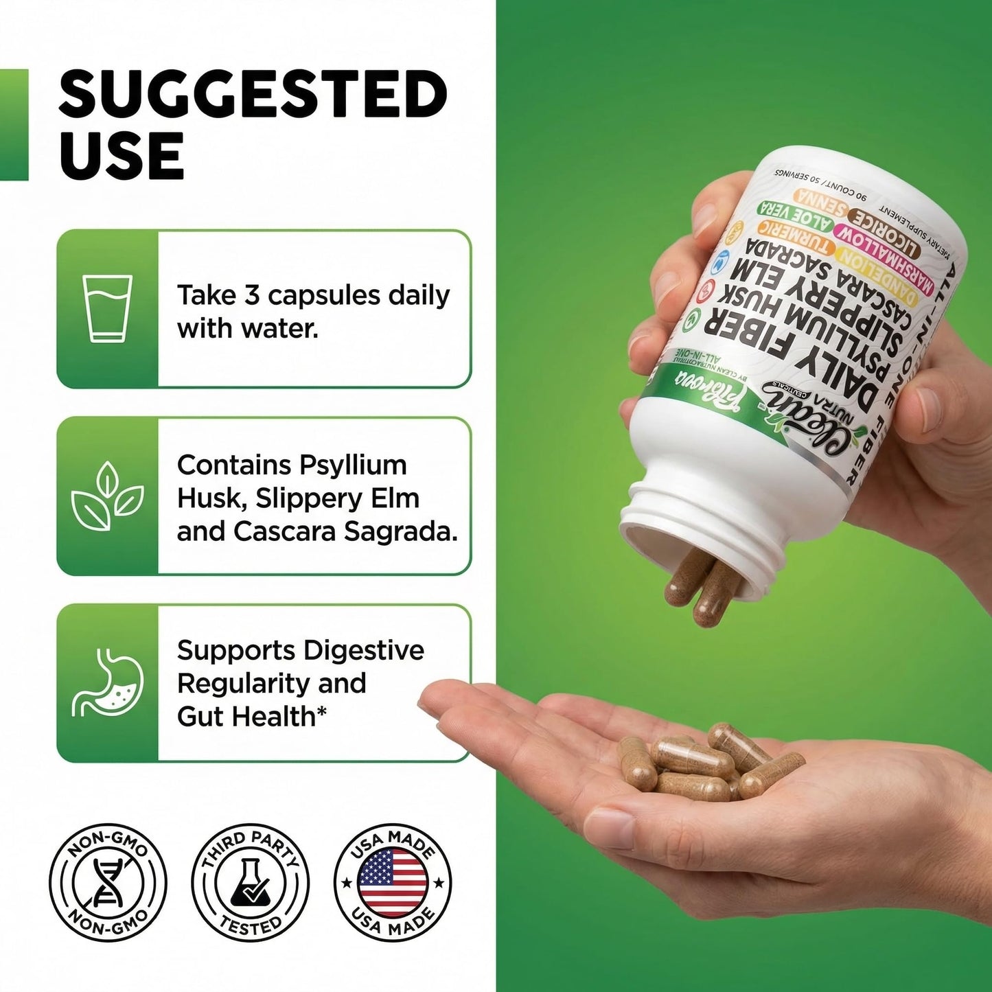 Fiber Supplement Capsules Slippery Elm Psyllium Husk Cascara Sagrada Dandelion Root Turmeric Supplement Aloe Vera Licorice Senna Marshmallow Root Digestive Health Cleanse 90 Pills by Clean Nutra - dailyvitalstore