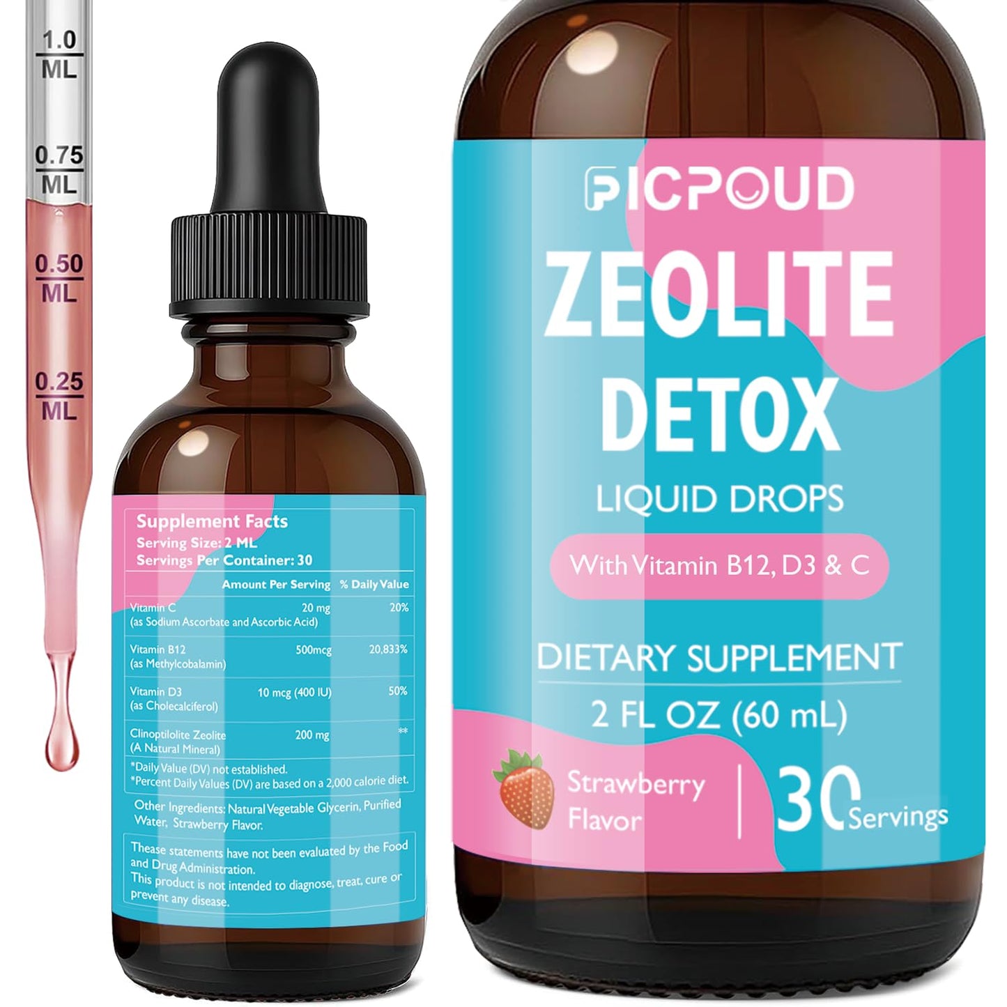 Ficpoud Zeolite Detox for Kids & Adults – Pure Zeolite clinoptilolite Liquid Drops with Vitamin B12, C & D3 – Gentle Daily Cleanse for Gut, Immune, Energy & Speech Support, Strawberry Flavor, 2 Fl Oz - dailyvitalstore
