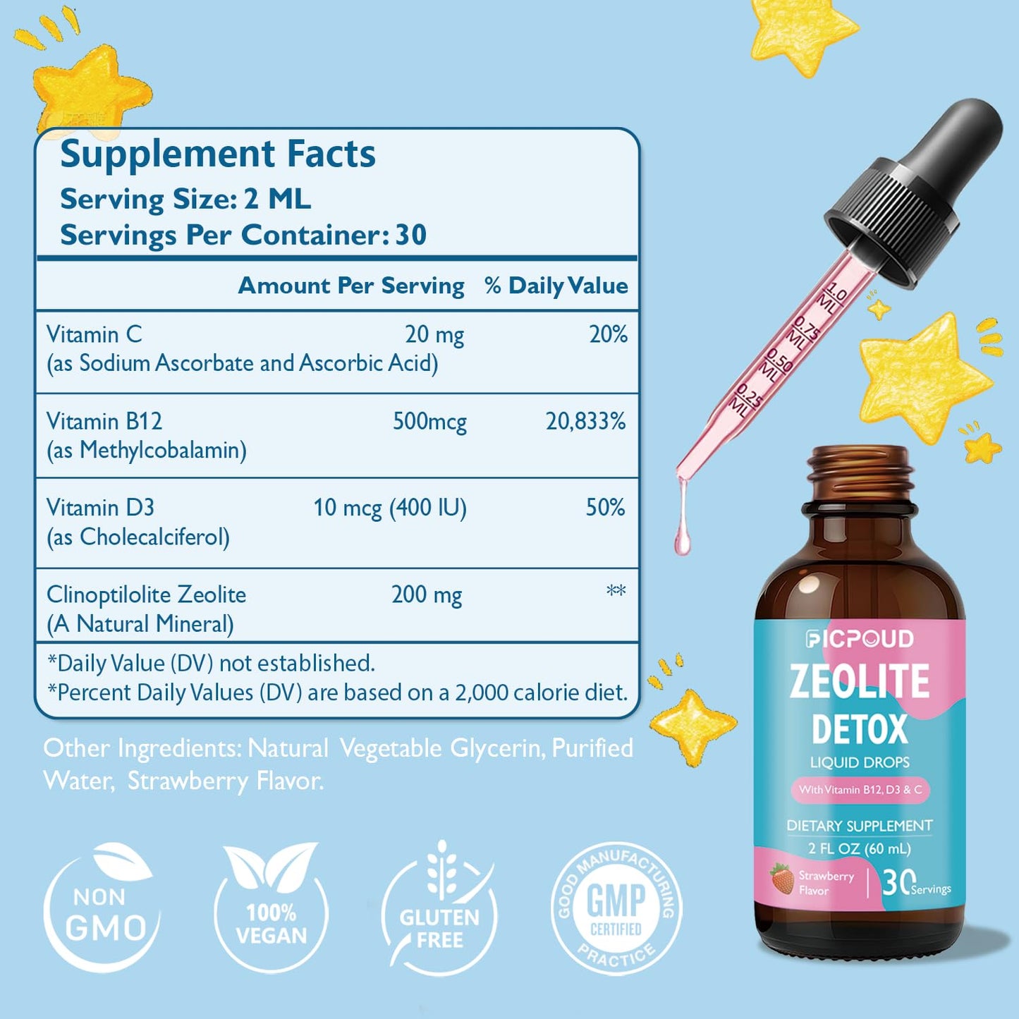 Ficpoud Zeolite Detox for Kids & Adults – Pure Zeolite clinoptilolite Liquid Drops with Vitamin B12, C & D3 – Gentle Daily Cleanse for Gut, Immune, Energy & Speech Support, Strawberry Flavor, 2 Fl Oz - dailyvitalstore