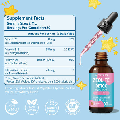 Ficpoud Zeolite Detox for Kids & Adults – Pure Zeolite clinoptilolite Liquid Drops with Vitamin B12, C & D3 – Gentle Daily Cleanse for Gut, Immune, Energy & Speech Support, Strawberry Flavor, 2 Fl Oz - dailyvitalstore