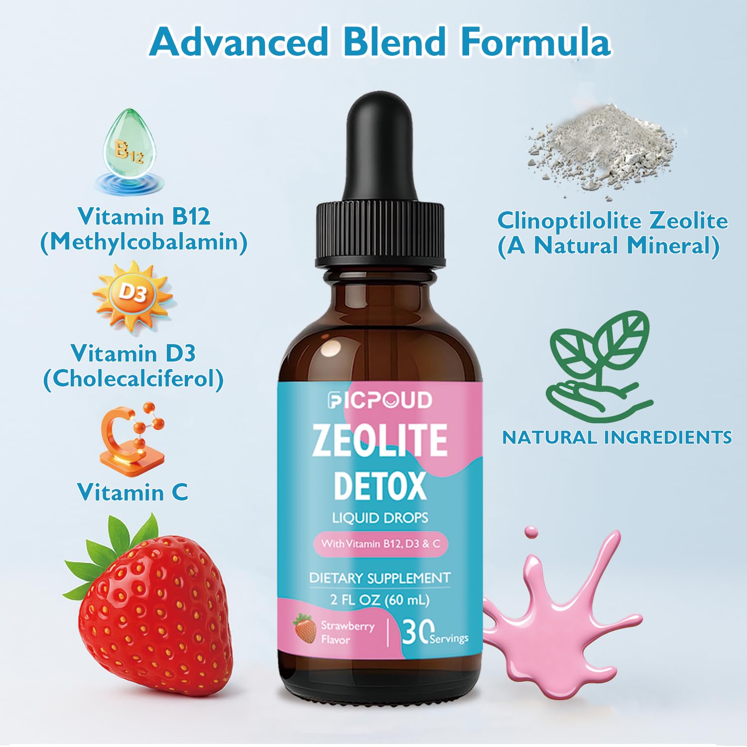Ficpoud Zeolite Detox for Kids & Adults – Pure Zeolite clinoptilolite Liquid Drops with Vitamin B12, C & D3 – Gentle Daily Cleanse for Gut, Immune, Energy & Speech Support, Strawberry Flavor, 2 Fl Oz - dailyvitalstore