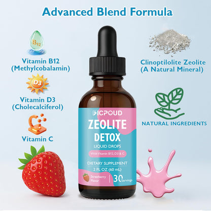 Ficpoud Zeolite Detox for Kids & Adults – Pure Zeolite clinoptilolite Liquid Drops with Vitamin B12, C & D3 – Gentle Daily Cleanse for Gut, Immune, Energy & Speech Support, Strawberry Flavor, 2 Fl Oz - dailyvitalstore