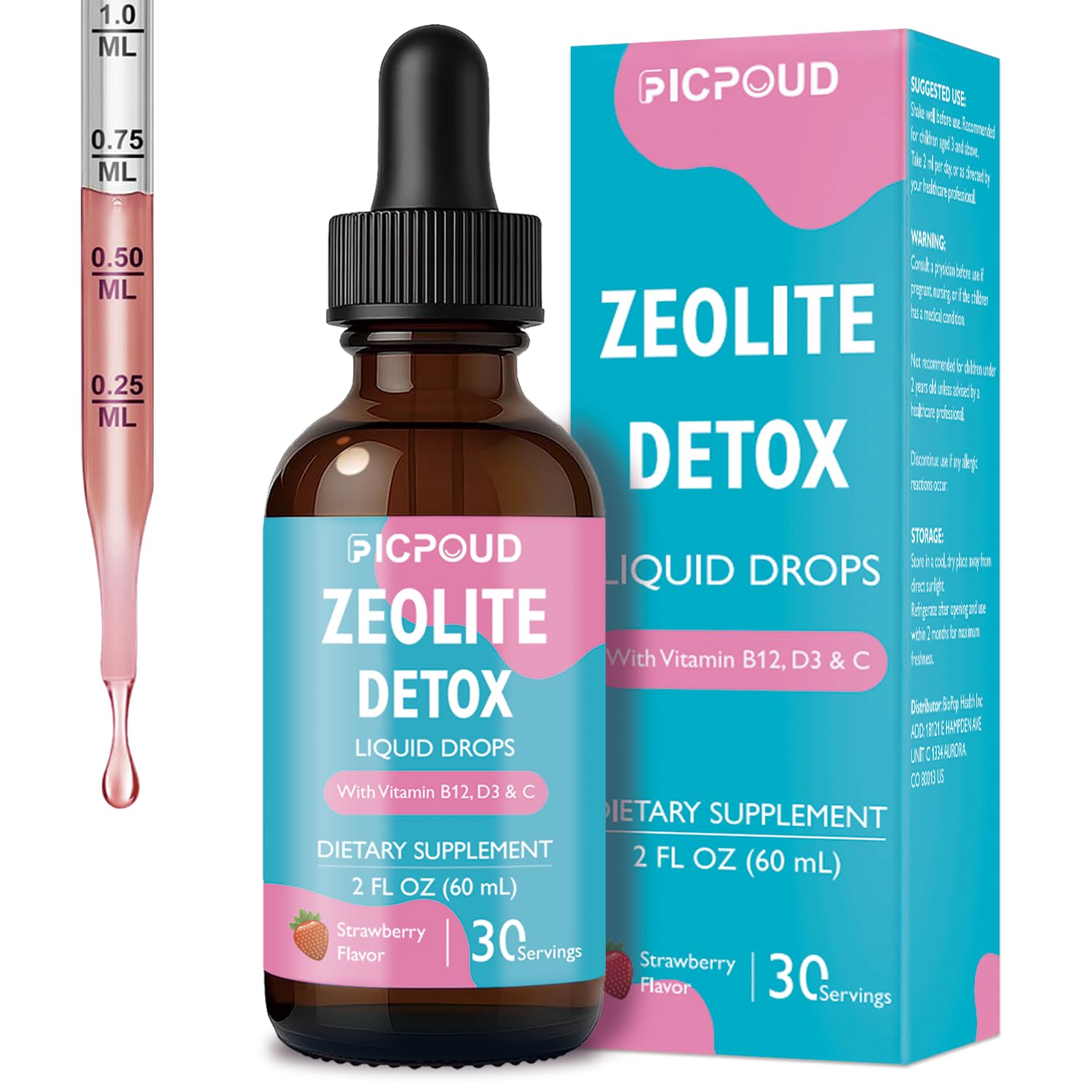 Ficpoud Zeolite Detox for Kids & Adults – Pure Zeolite clinoptilolite Liquid Drops with Vitamin B12, C & D3 – Gentle Daily Cleanse for Gut, Immune, Energy & Speech Support, Strawberry Flavor, 2 Fl Oz - dailyvitalstore