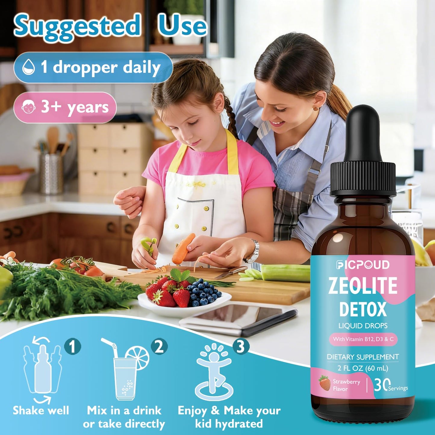 Ficpoud Zeolite Detox for Kids & Adults – Pure Zeolite clinoptilolite Liquid Drops with Vitamin B12, C & D3 – Gentle Daily Cleanse for Gut, Immune, Energy & Speech Support, Strawberry Flavor, 2 Fl Oz - dailyvitalstore