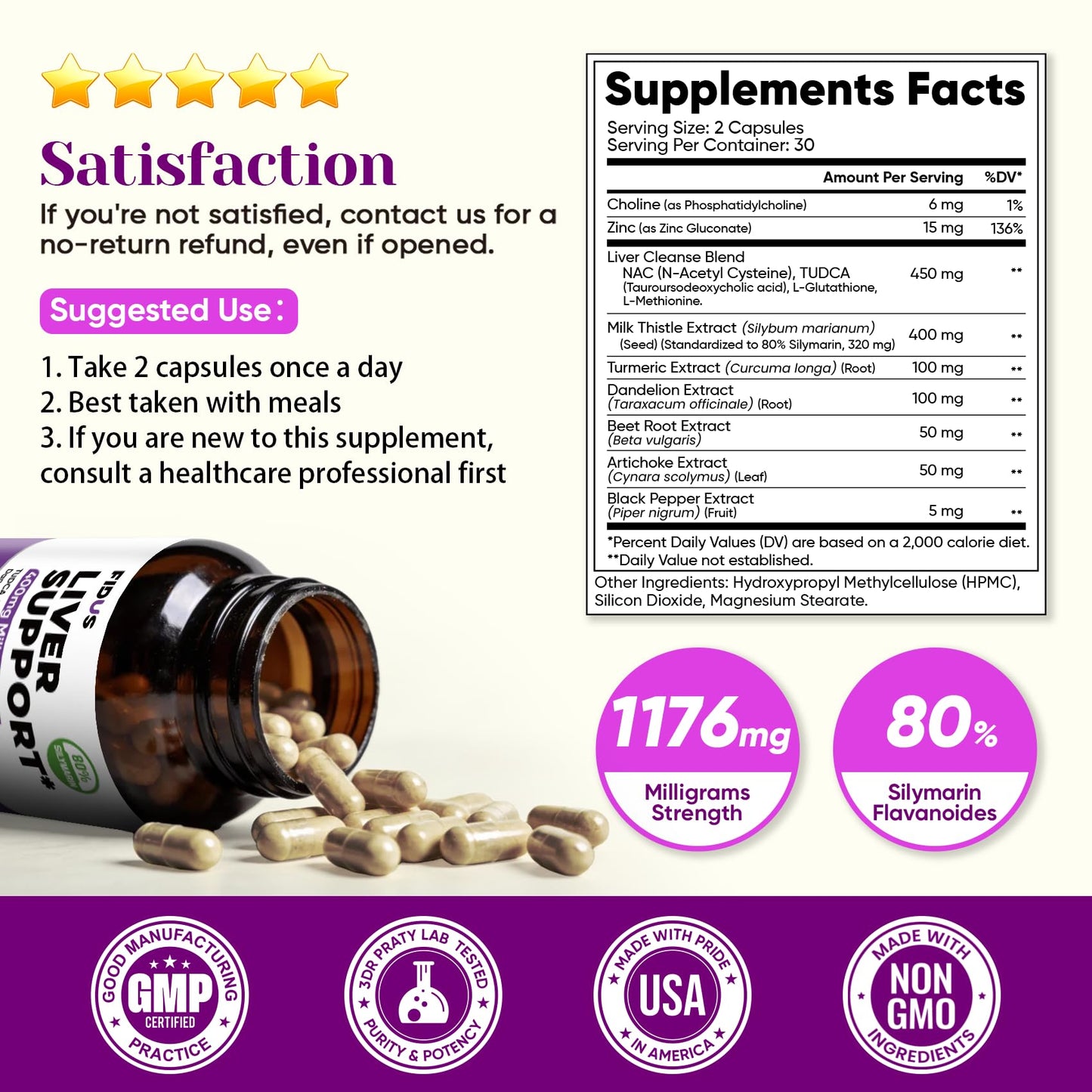 Fidus Milk Thistle Liver Liver Cleanse Detox & Detox Capsules - 400mg Silymarin with TUDCA, NAC, Turmeric & Dandelion Root for Liver Support - 60 Capsules - dailyvitalstore