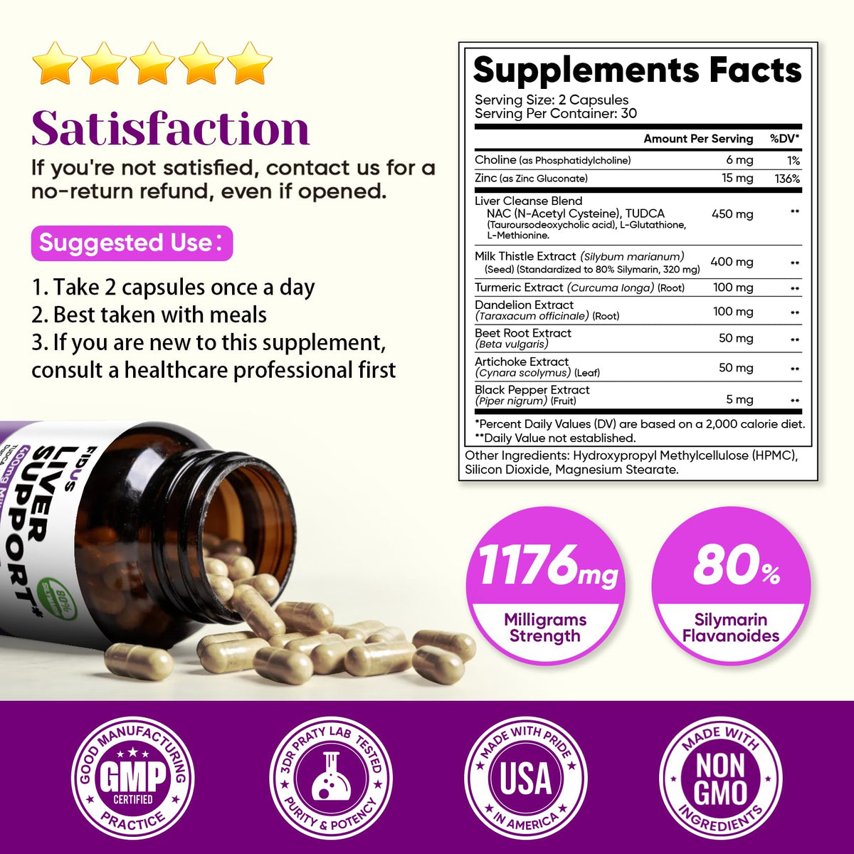 Fidus Milk Thistle Liver Liver Cleanse Detox & Detox Capsules - 400mg Silymarin with TUDCA, NAC, Turmeric & Dandelion Root for Liver Support - 60 Capsules - dailyvitalstore