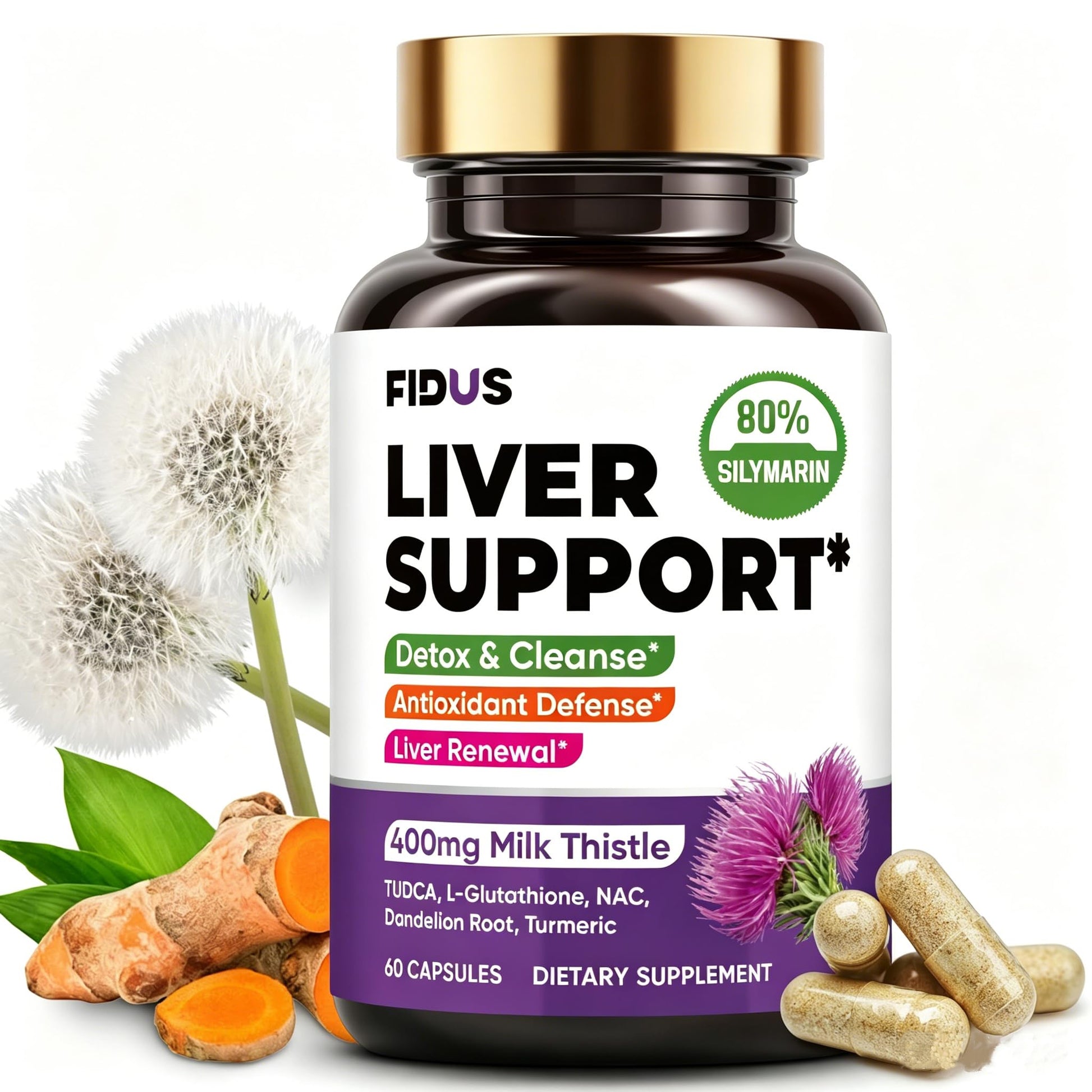 Fidus Milk Thistle Liver Liver Cleanse Detox & Detox Capsules - 400mg Silymarin with TUDCA, NAC, Turmeric & Dandelion Root for Liver Support - 60 Capsules - dailyvitalstore