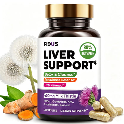 Fidus Milk Thistle Liver Liver Cleanse Detox & Detox Capsules - 400mg Silymarin with TUDCA, NAC, Turmeric & Dandelion Root for Liver Support - 60 Capsules - dailyvitalstore