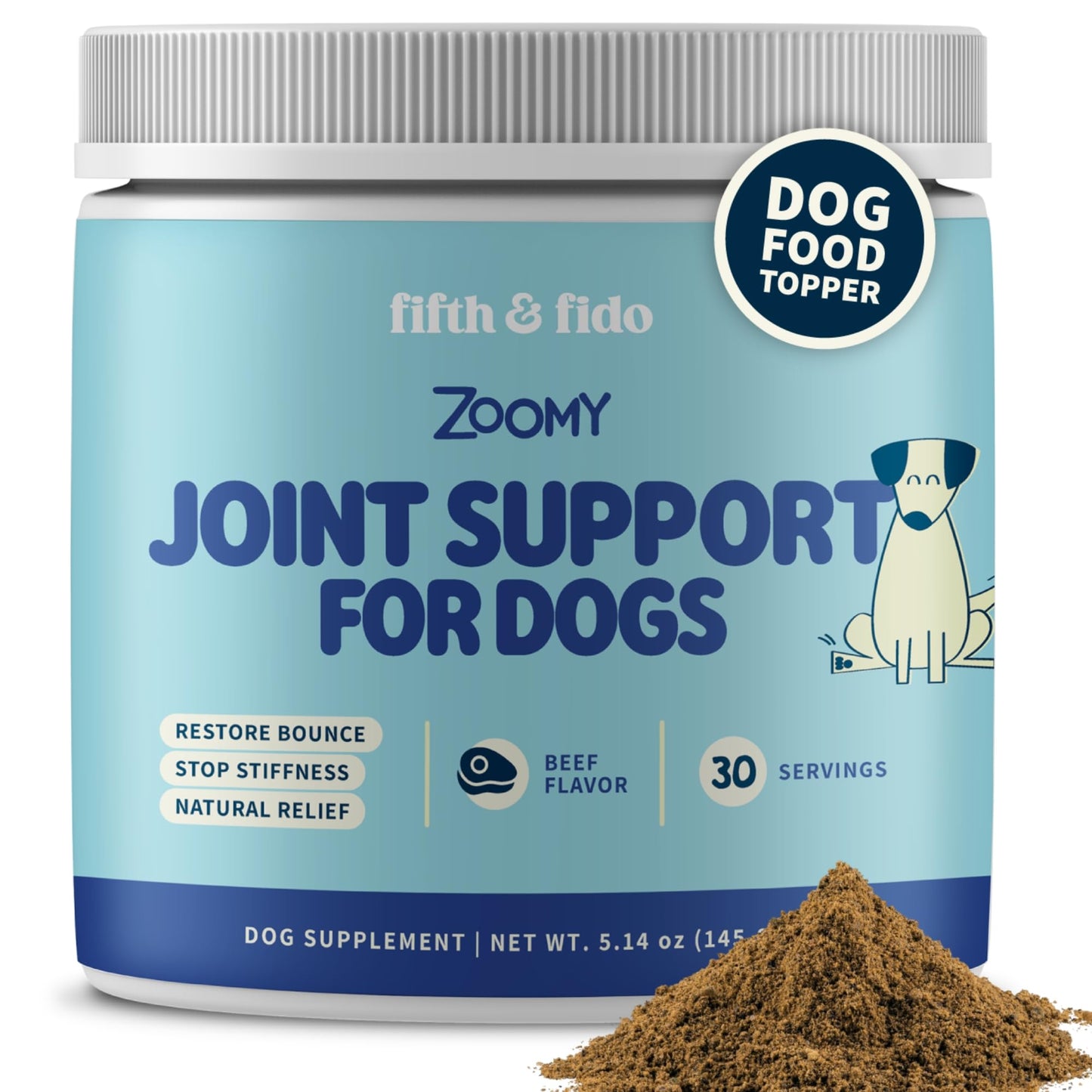 Fifth & Fido Joint Supplement for Dogs - Glucosamine for Dogs - Pet Vitamins and Supplements Powder with Chondroitin & MSM - Hip & Joint Support for Mobility, Stiffness & Flexibility - Mushroom Blend - dailyvitalstore
