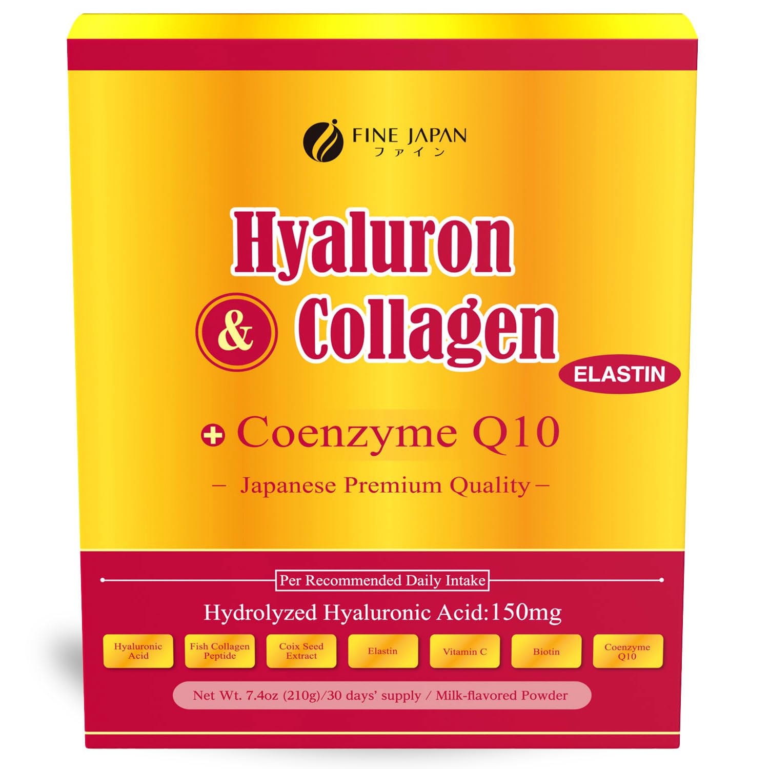 FINE JAPAN Premium Marine Collagen Powder with Hyaluronic Acid, CoQ10 & Elastin - Non-GMO - 30 Servings (210g / 7.4oz) Made in Japan - dailyvitalstore