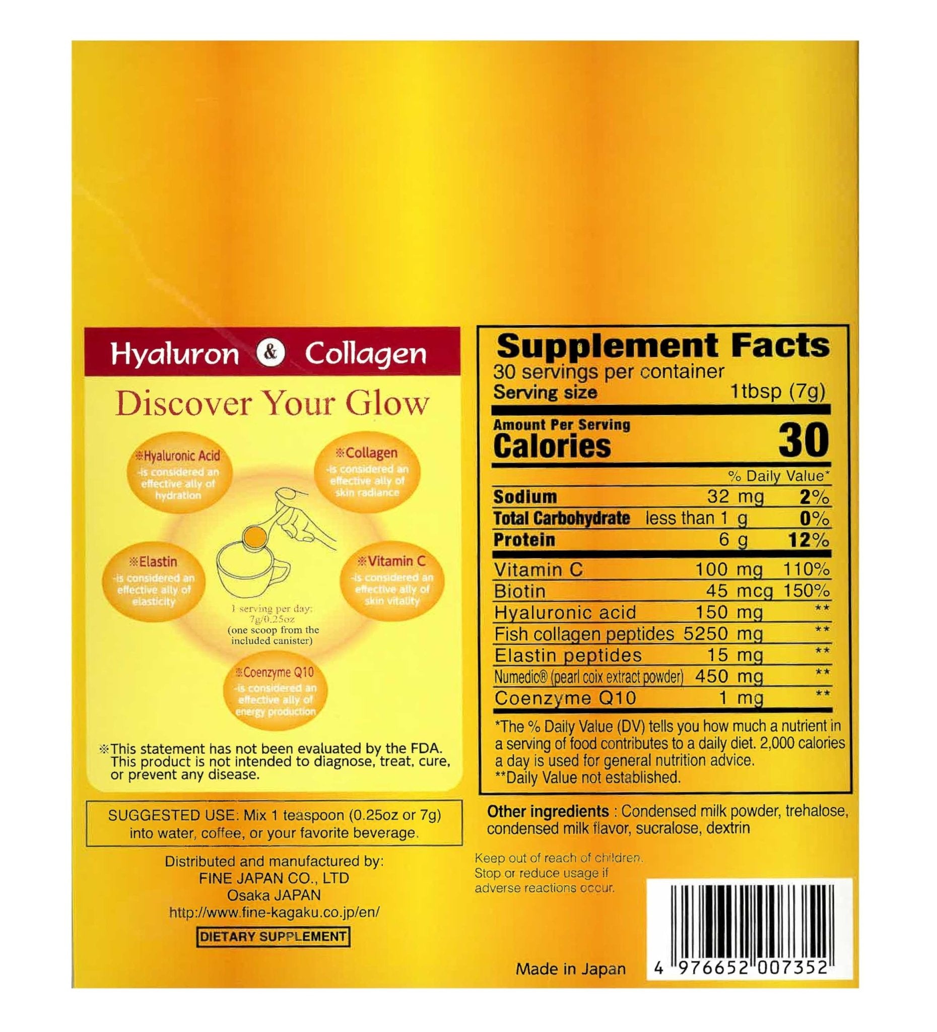 FINE JAPAN Premium Marine Collagen Powder with Hyaluronic Acid, CoQ10 & Elastin - Non-GMO - 30 Servings (210g / 7.4oz) Made in Japan - dailyvitalstore