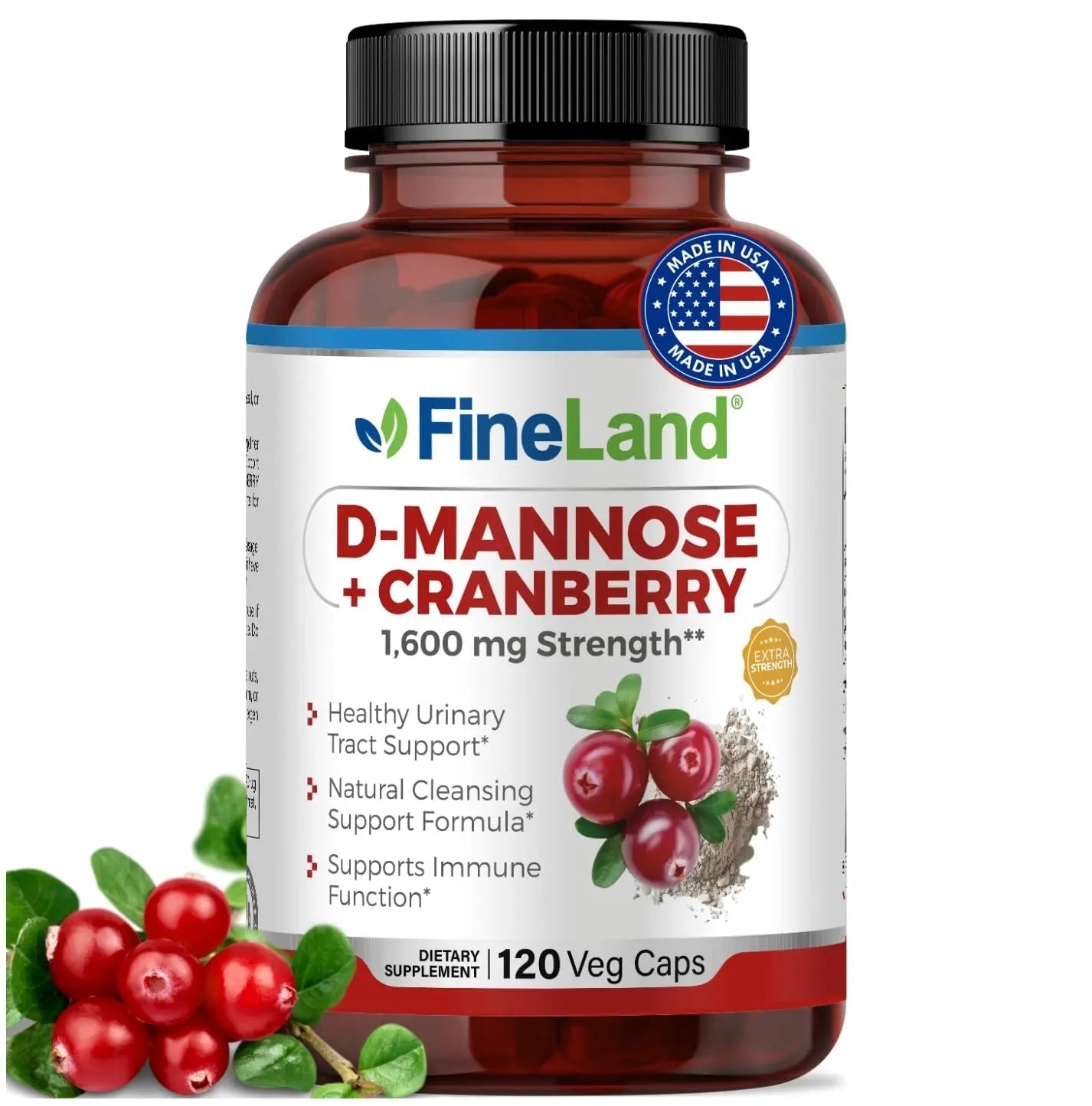 FineLand D-Mannose + Cranberry – 1600mg per Serving – 120 Vegan Capsules – Urinary Tract & Bladder Health Support – Non-GMO, Gluten-Free, Made in USA - dailyvitalstore