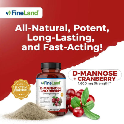 FineLand D-Mannose + Cranberry – 1600mg per Serving – 120 Vegan Capsules – Urinary Tract & Bladder Health Support – Non-GMO, Gluten-Free, Made in USA - dailyvitalstore