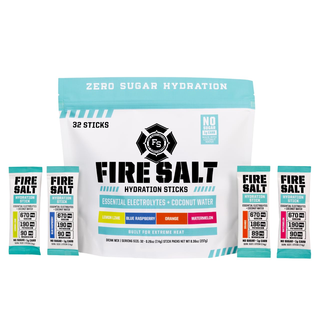 Fire Science Fire Salt Hydration Sticks, Electrolytes & Coconut Water, Hydration Drink Mix with Magnesium, Potassium & Sodium, Zero Sugar, Single Serve On the Go Packs, - dailyvitalstore