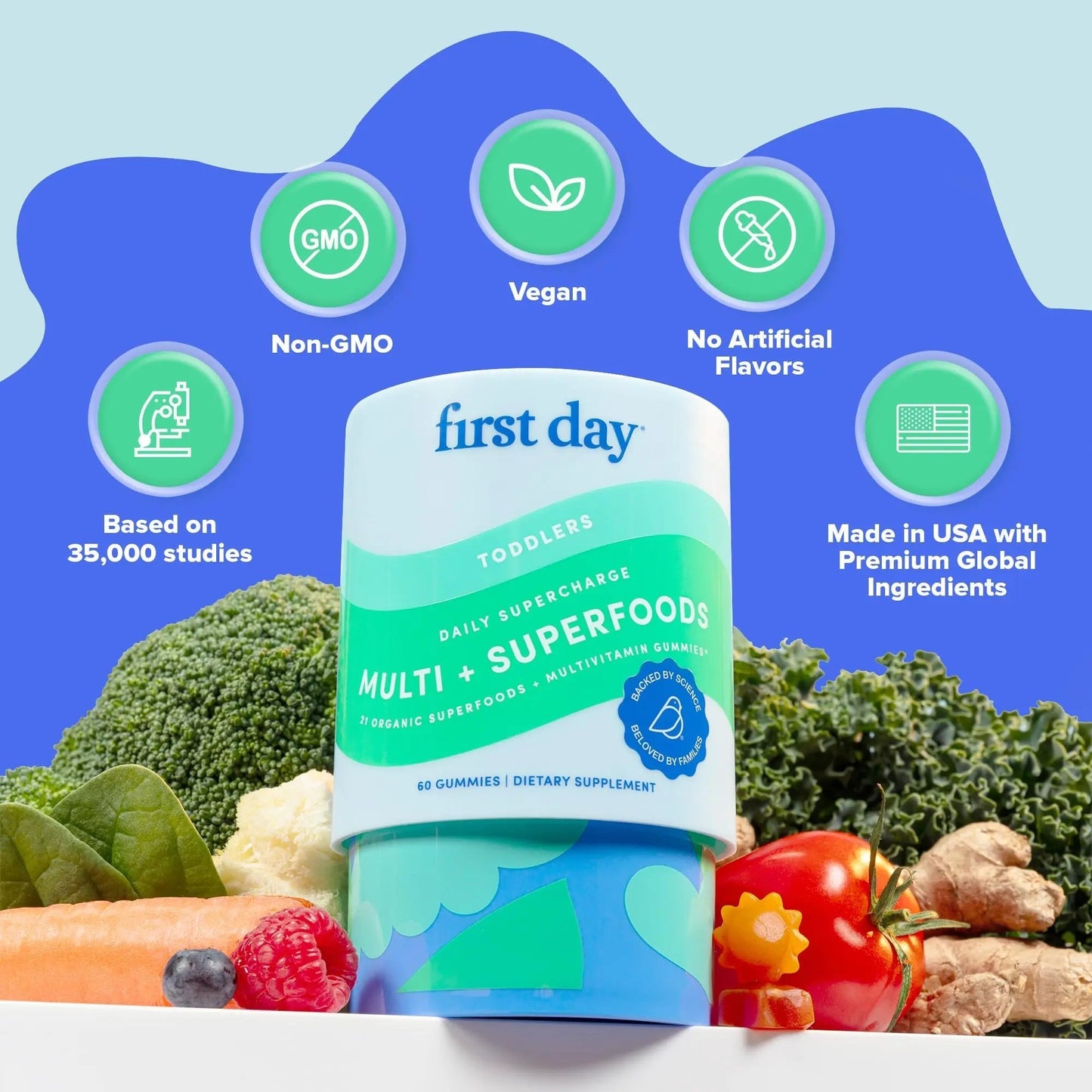 FIRST DAY Toddler Multivitamin Gummies (Ages 2-3)| Kids Multivitamin Gummies with Vitamins A C D3, B2, B12, Choline, Folate and 21 Organic Superfoods| (30 Day Supply) - dailyvitalstore