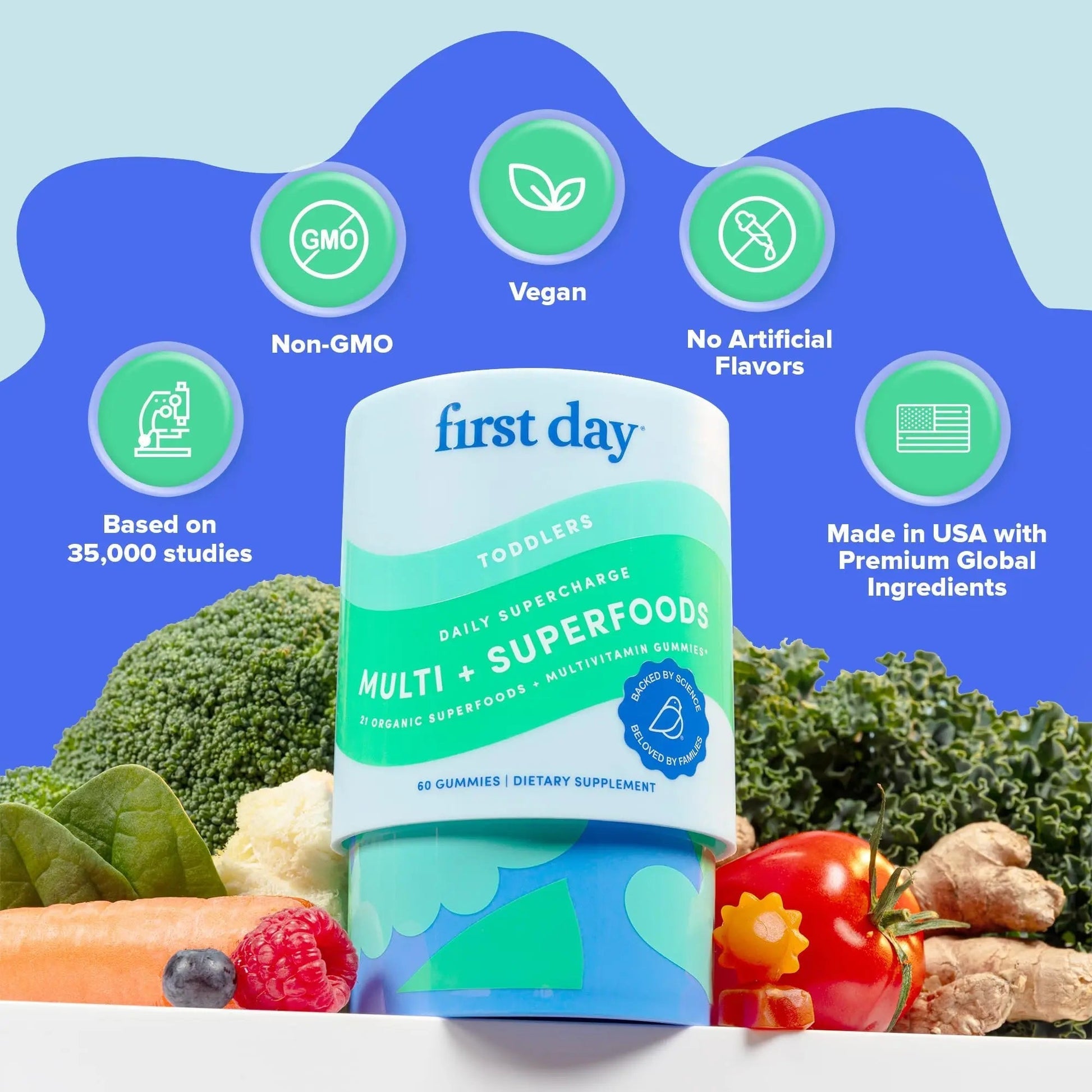 FIRST DAY Toddler Multivitamin Gummies (Ages 2-3)| Kids Multivitamin Gummies with Vitamins A C D3, B2, B12, Choline, Folate and 21 Organic Superfoods| (30 Day Supply) - dailyvitalstore