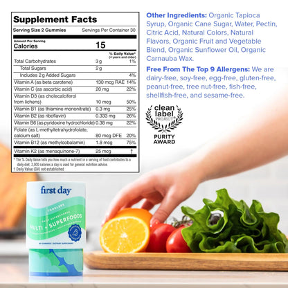 FIRST DAY Toddler Multivitamin Gummies (Ages 2-3)| Kids Multivitamin Gummies with Vitamins A C D3, B2, B12, Choline, Folate and 21 Organic Superfoods| (30 Day Supply) - dailyvitalstore
