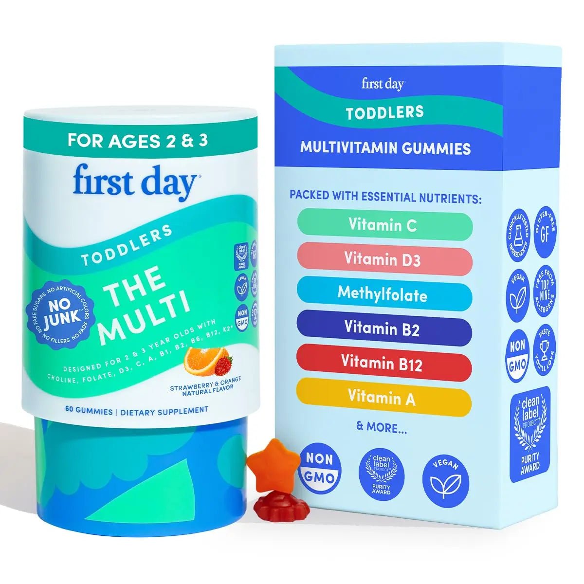 FIRST DAY Toddler Multivitamin Gummies (Ages 2-3)| Kids Multivitamin Gummies with Vitamins A C D3, B2, B12, Choline, Folate and 21 Organic Superfoods| (30 Day Supply) - dailyvitalstore