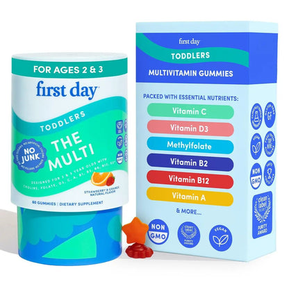 FIRST DAY Toddler Multivitamin Gummies (Ages 2-3)| Kids Multivitamin Gummies with Vitamins A C D3, B2, B12, Choline, Folate and 21 Organic Superfoods| (30 Day Supply) - dailyvitalstore