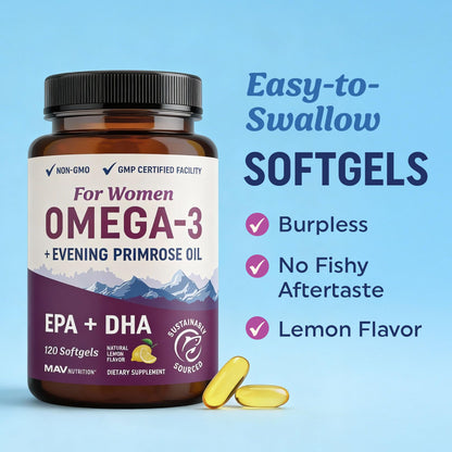 Fish Oil Omega 3 Supplements for Women | DHA + EPA | Heart Health, Hormone Balance, Skin & Wellness Support | 600MG Omega3 + 800MG Evening Primrose Oil - dailyvitalstore