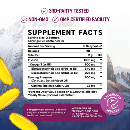 Fish Oil Omega 3 Supplements for Women | DHA + EPA | Heart Health, Hormone Balance, Skin & Wellness Support | 600MG Omega3 + 800MG Evening Primrose Oil - dailyvitalstore