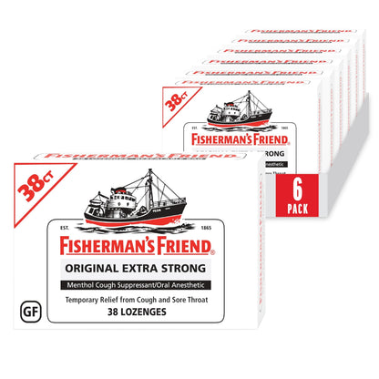 Fisherman's Friend Original Extra Strong Cough Lozenges (38 Drops x 6-Pack), 10mg Natural Menthol, Cooling Relief from Sore Throat, Persistent Cough & Everyday Irritation, Vegan & Gluten-Free - dailyvitalstore