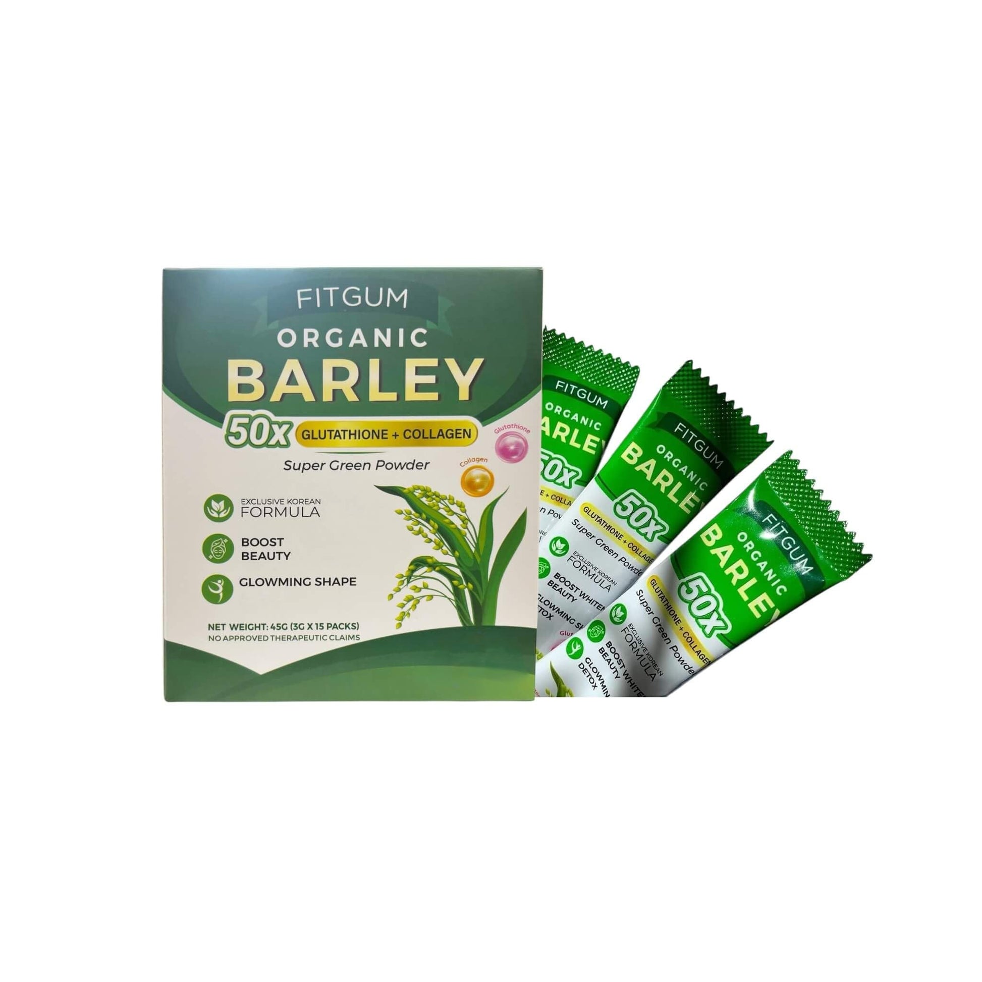 FIT Gum Organic Barley 50X Glutathione & Collagen Super Green Powder - 3g x 15 Sachets - dailyvitalstore